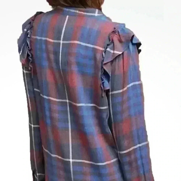 Anthropologie Cloth & Stone Plaid Ruffle V Neck Shirt Dress Size Small - Picture 2 of 13